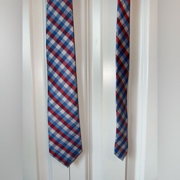 Men’s Club Room Plaid Red White and Blue Tie - Picture 2 of 5